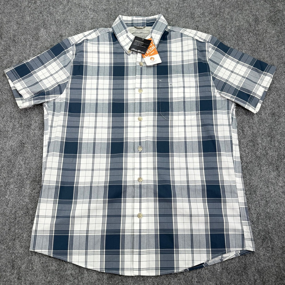 Eddie Bauer Shirt Mens Medium Blue White Voyager Flex Plaid Button Down Stretch